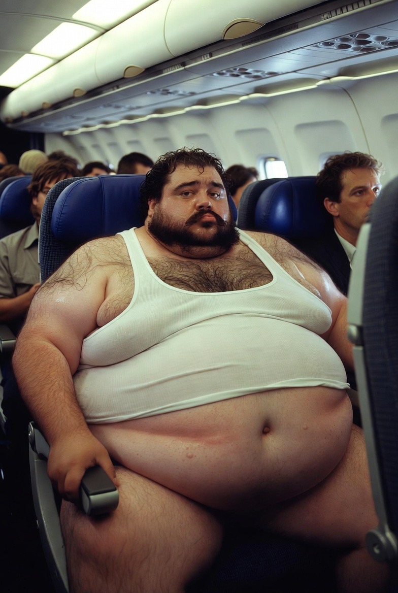 Frustrated traveler at airport baggage counter with overweight fee notice next to large passenger boarding