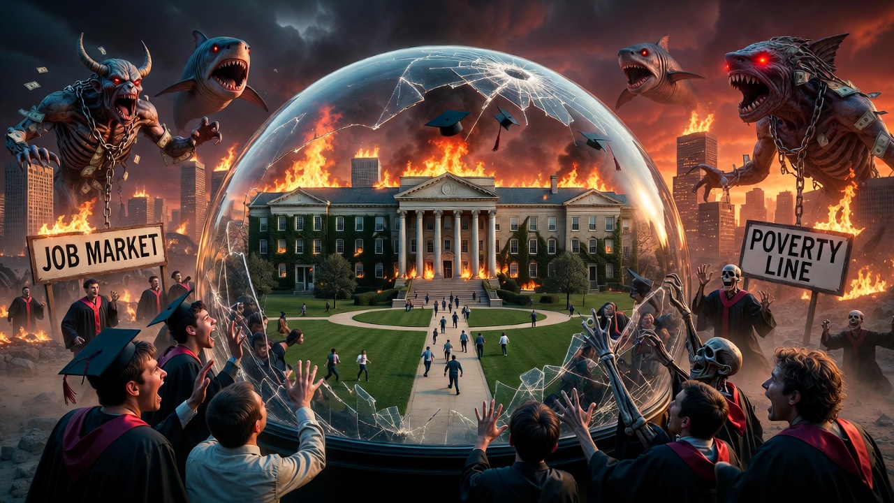 Overcrowded college campus with students buried in debt paperwork, luxury buildings, and rising tuition charts in background