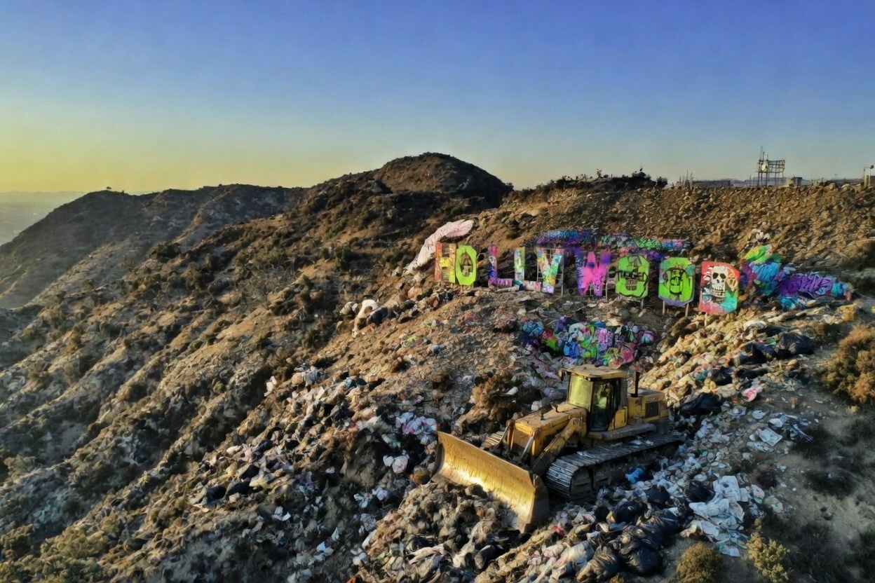 Hollywood sign cracked and fading at sunset symbolizing industry decline, corruption, empty theaters and box office flops in 2026